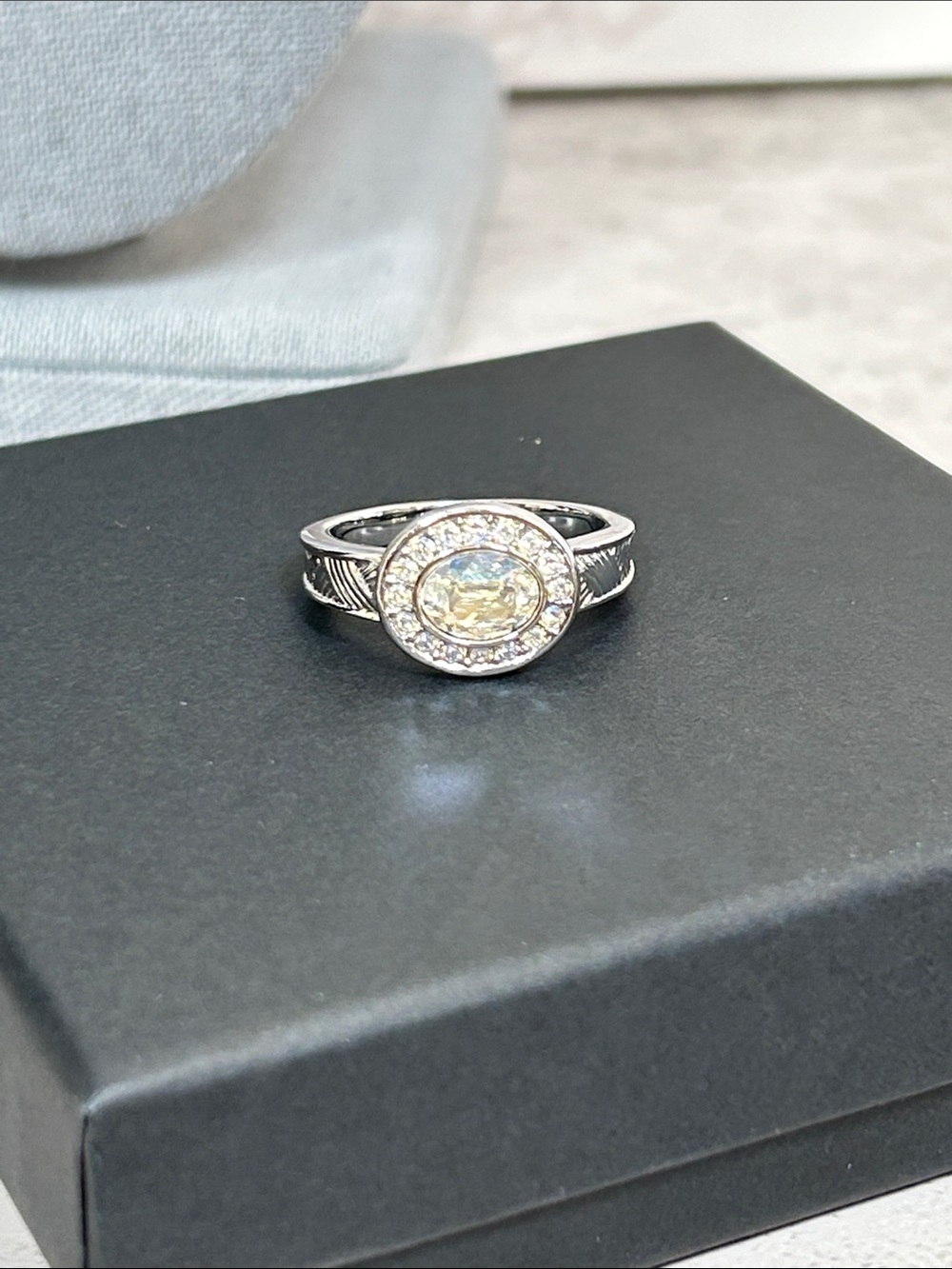 Touchstone Crystal by Swarovski Silver Halo Ring with Clear AB Center Crystal